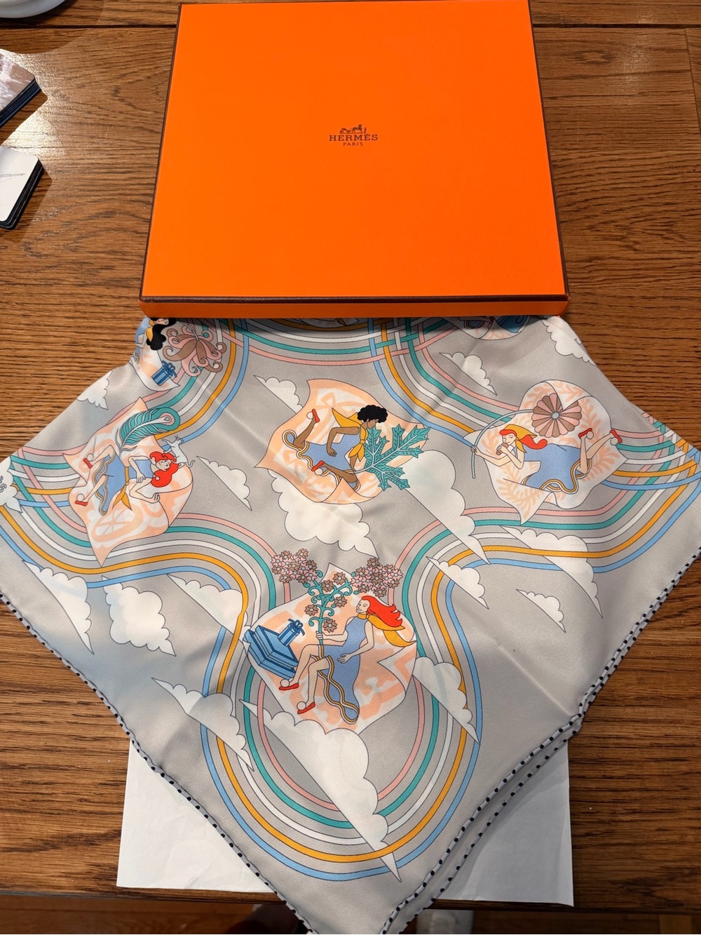 Hermes Multicolor Silk Scarf with Pastel Rainbows and Figures